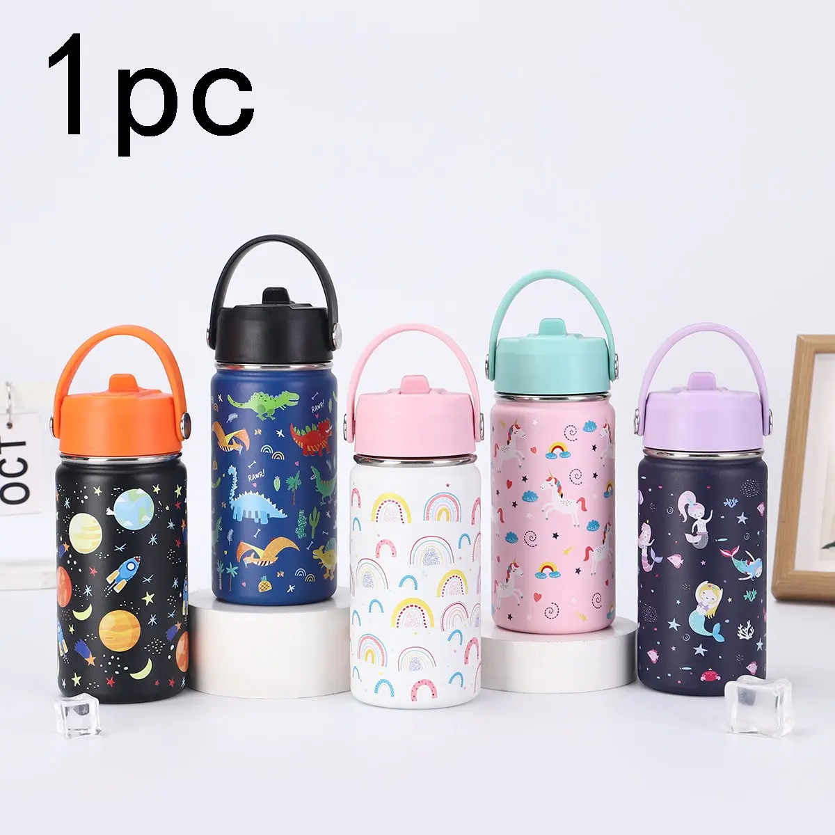 Kids Cartoon Insulated Water Bottle, Stainless Steel, Leak-Proof, Cute Designs, School & Outdoor Use, with Handle Straw Lid