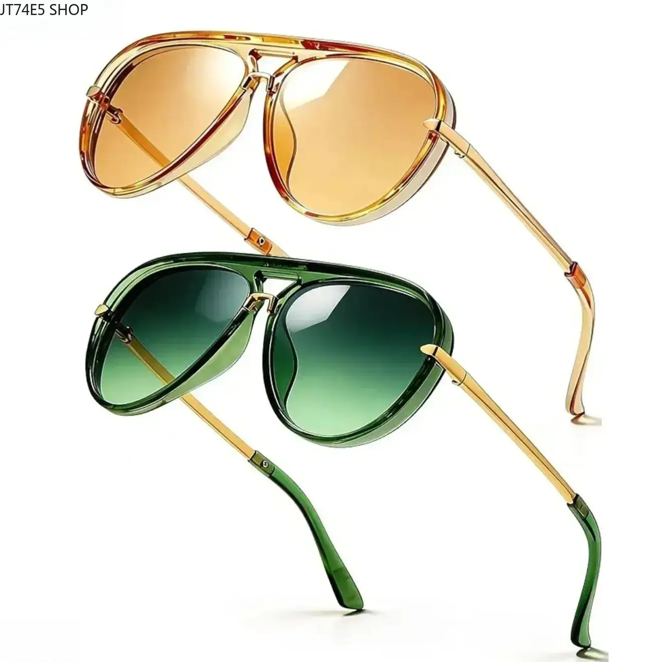 Unisex 2-Pair Full Rim Oversized Gold Metal Aviator Sunglasses - Smooth Anti-Tangle Temples, Tinted Lenses, Vintage Fashion Shades for Fashion Enthusiasts, Summer Vacation, Daily Street Wear