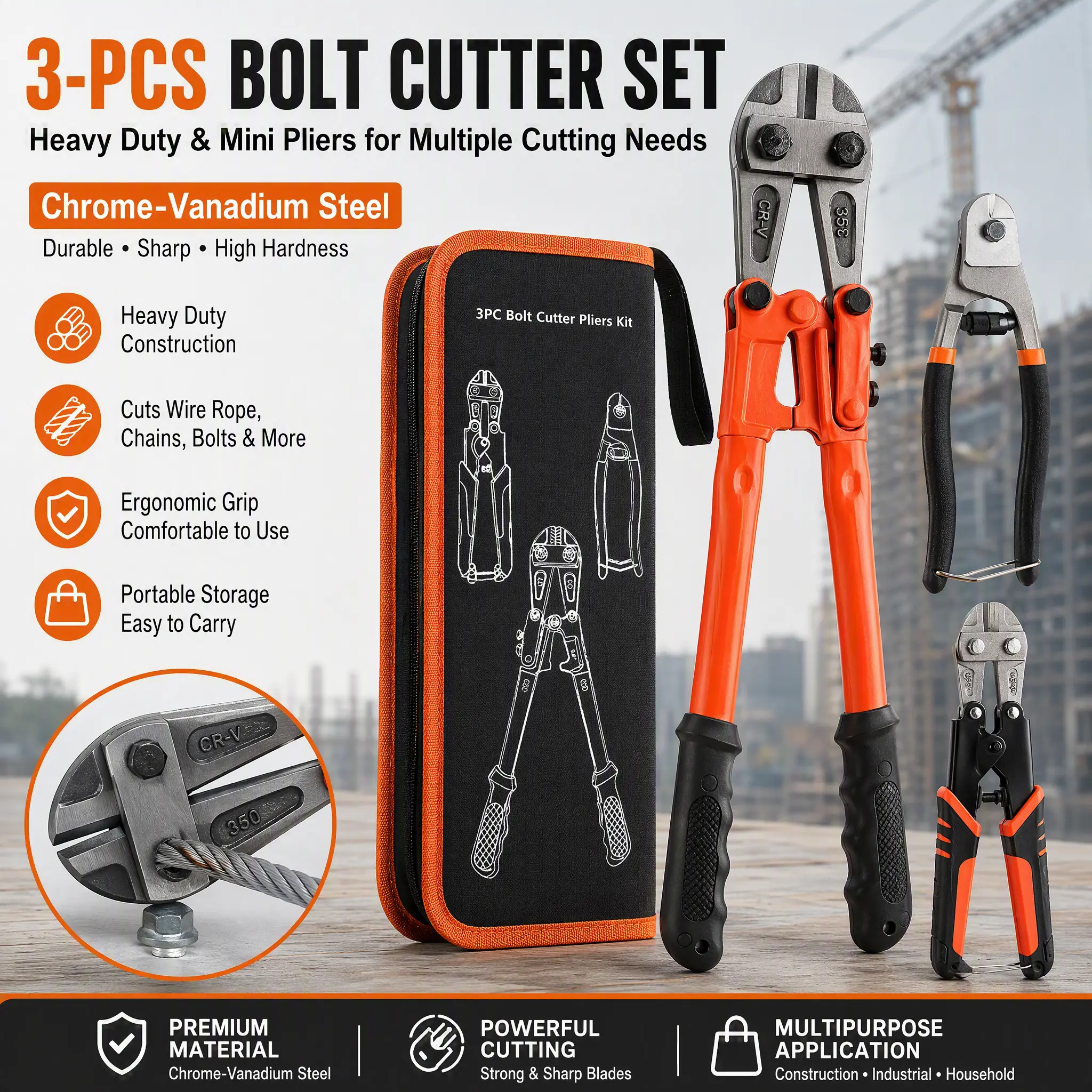 Hot‑selling Cross‑border 3‑Piece Bolt Cutter Kit Chrome‑Vanadium Steel 14in Large & 8in Mini Wire Rope Shear Multipurpose Cable Cutting Pliers Industrial Hand‑Tool Set Wholesale