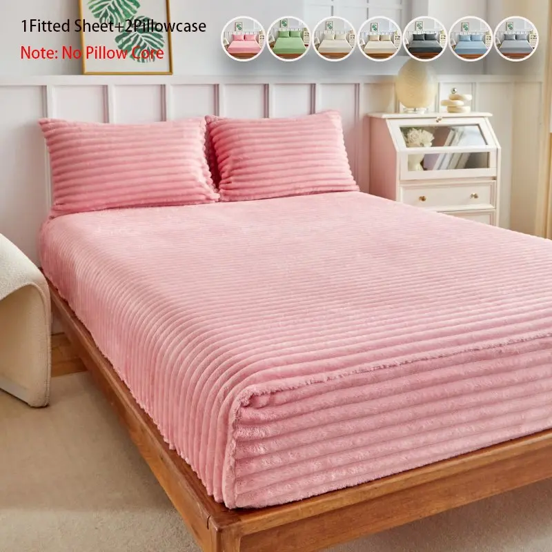 Plush Rabbit Fur Bed Sheet Set, 1 Bed Sheet + 2 Pillowcases, Ultra Soft Warm Mattress Cover, Full Elastic Anti-Slip Deep Pocket, Fall Winter Bedding Set