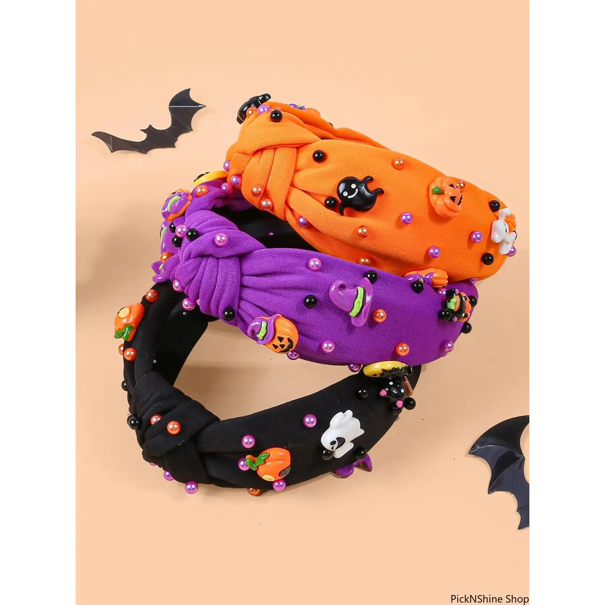 Women Girls Halloween Hair Accessories Wide Knot Headband Set 4Pcs Fabric Padded Knotted Hairbands Pumpkin Witch Ghost Beaded Design Lightweight Non Slip Comfortable Daily Wear Party Holiday Costume Cosplay TikTok Aesthetic Spooky Season Y2K Style Streetw