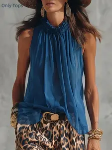 Loose Sleeveless Pleated Solid Color Halter Top, Comfortable and Stylish Backless Design, Perfect for Casual Wear