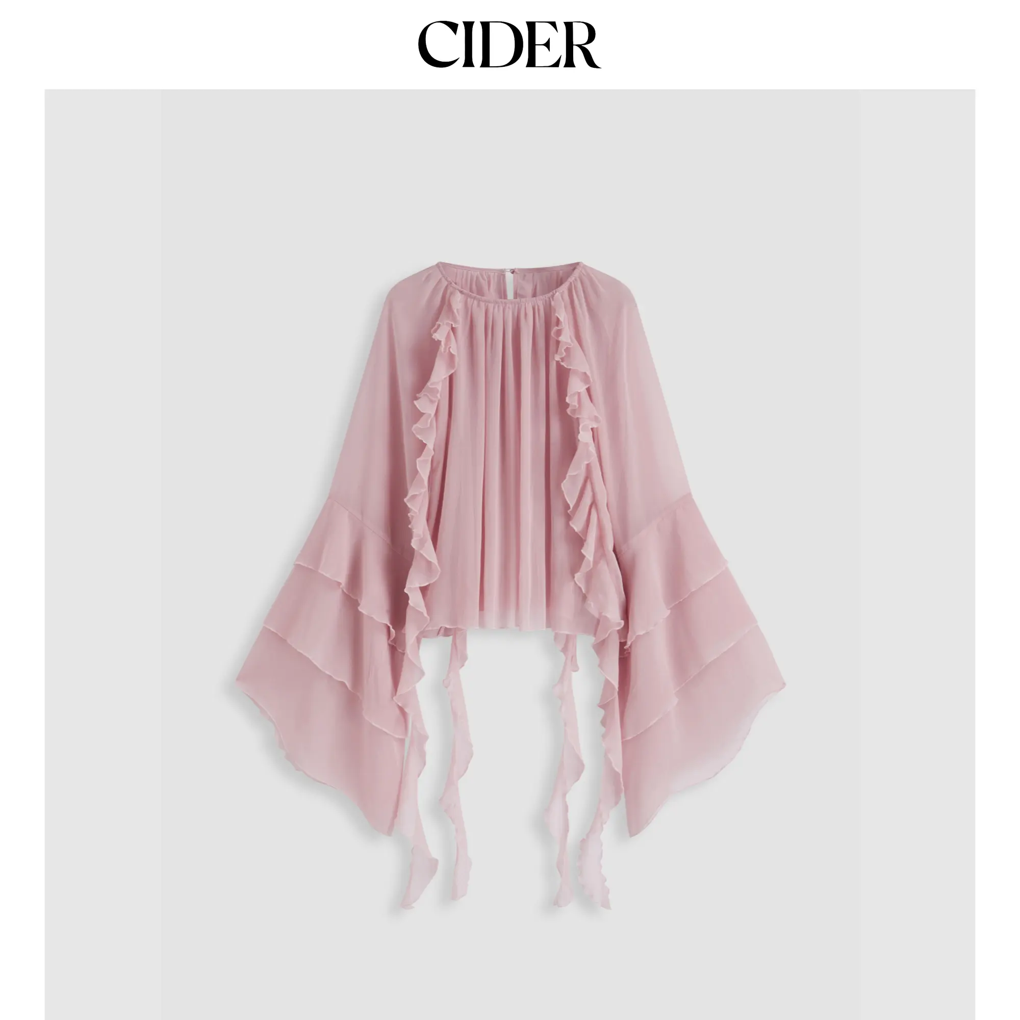 Cider Chiffon Round Neckline Solid Ruffle Hem See-through Long Bell Sleeve Blouse SummerFinds