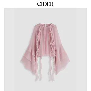 Cider Chiffon Round Neckline Solid Ruffle Hem See-through Long Bell Sleeve Blouse SummerFinds