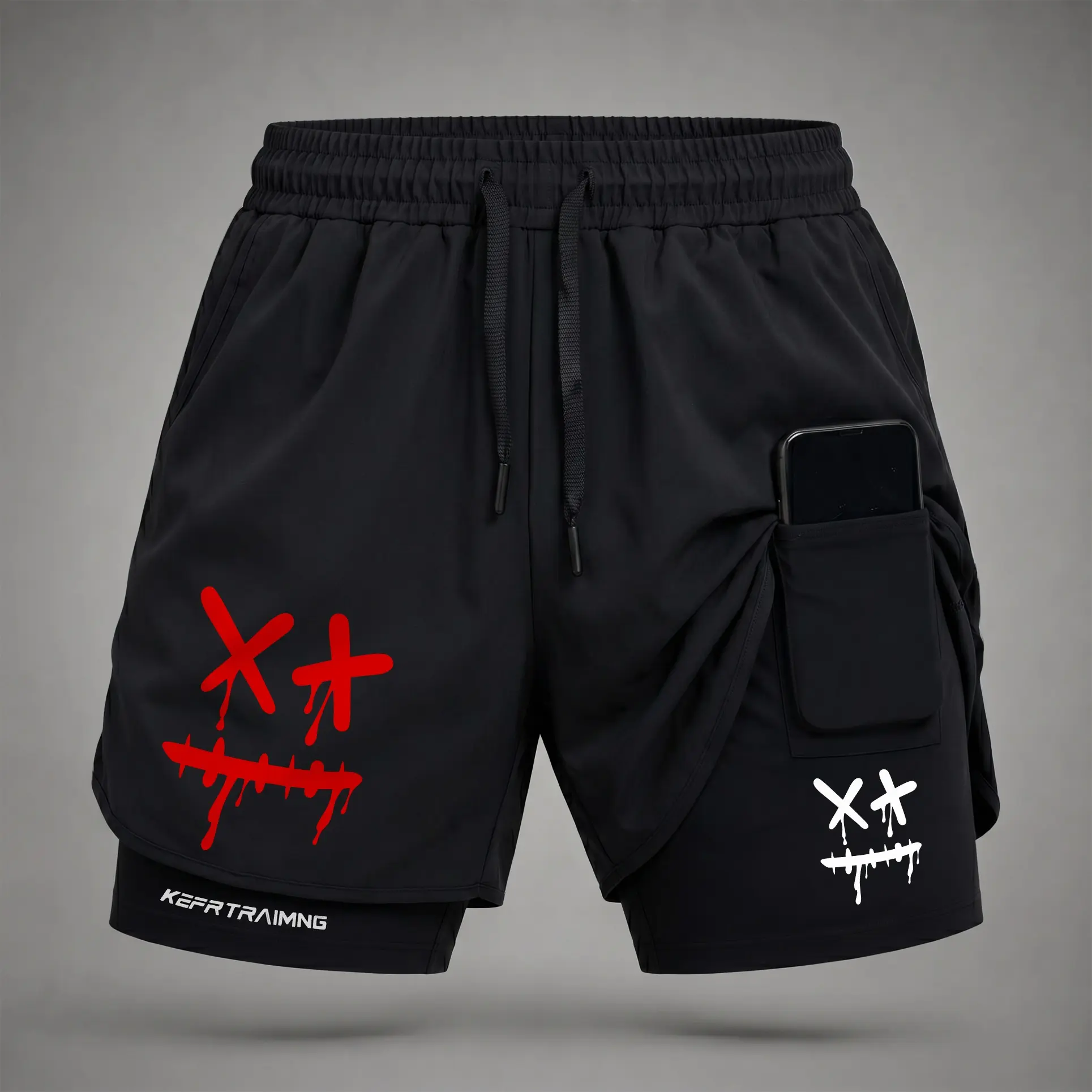 Men’s Graffiti Smile Face Graphic Print Regular Fit 2-in-1 Elastic Waist Shorts - Polyester Blend, Built-in Compression Liner (Body Support), Secure Inner Phone Pocket, Dri-Fit Dry-Wicking, Double Material for Summer Gym Running