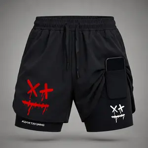 Men’s Graffiti Smile Face Graphic Print Regular Fit 2-in-1 Elastic Waist Shorts - Polyester Blend, Built-in Compression Liner (Body Support), Secure Inner Phone Pocket, Dri-Fit Dry-Wicking, Double Material for Summer Gym Running