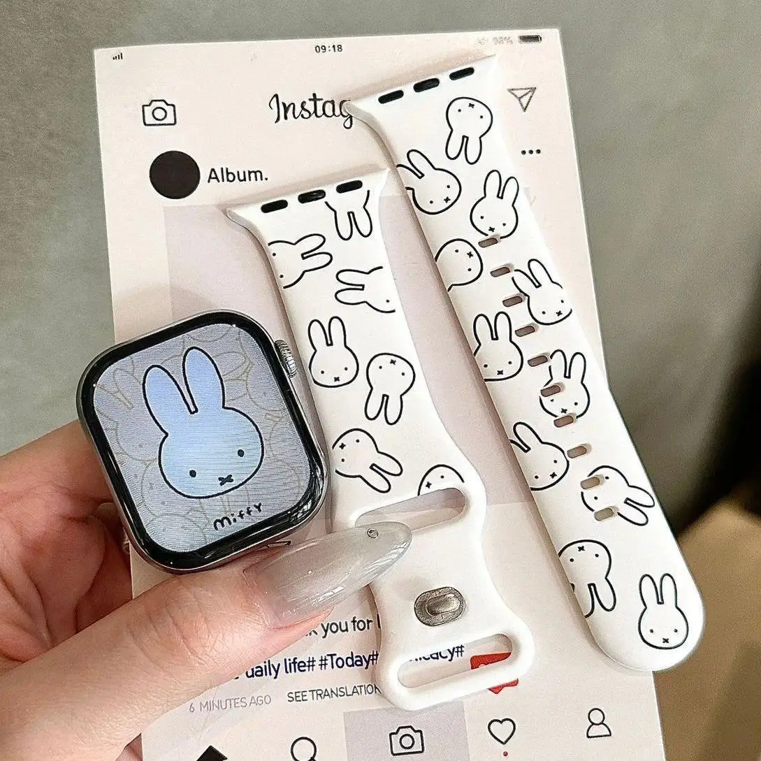 Lovable Anime Cartoon Miffy Line White Silica Gel Apply Iwatchs10. Watchband Cute Printing Apple Strap S9 Decoration 2026 NEW