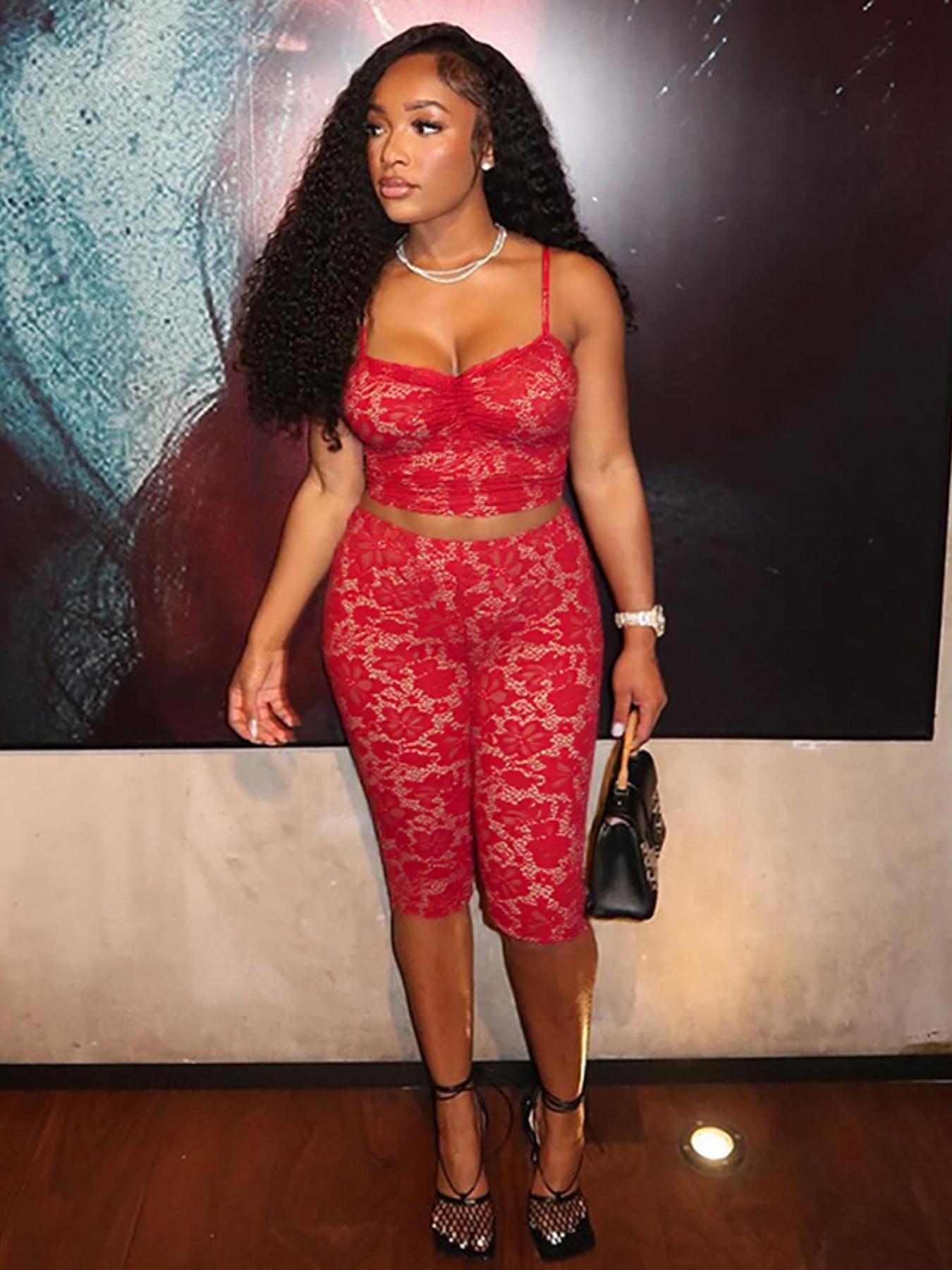 Women's Plain Floral Lace Sleeveless Cami Top & Skinny Pants Two-piece Set, Sexy Feminine Fashion Casual Two Piece Outfits for Daily Outdoor Wear, Lady Black Clothes Outfit, Womenswear