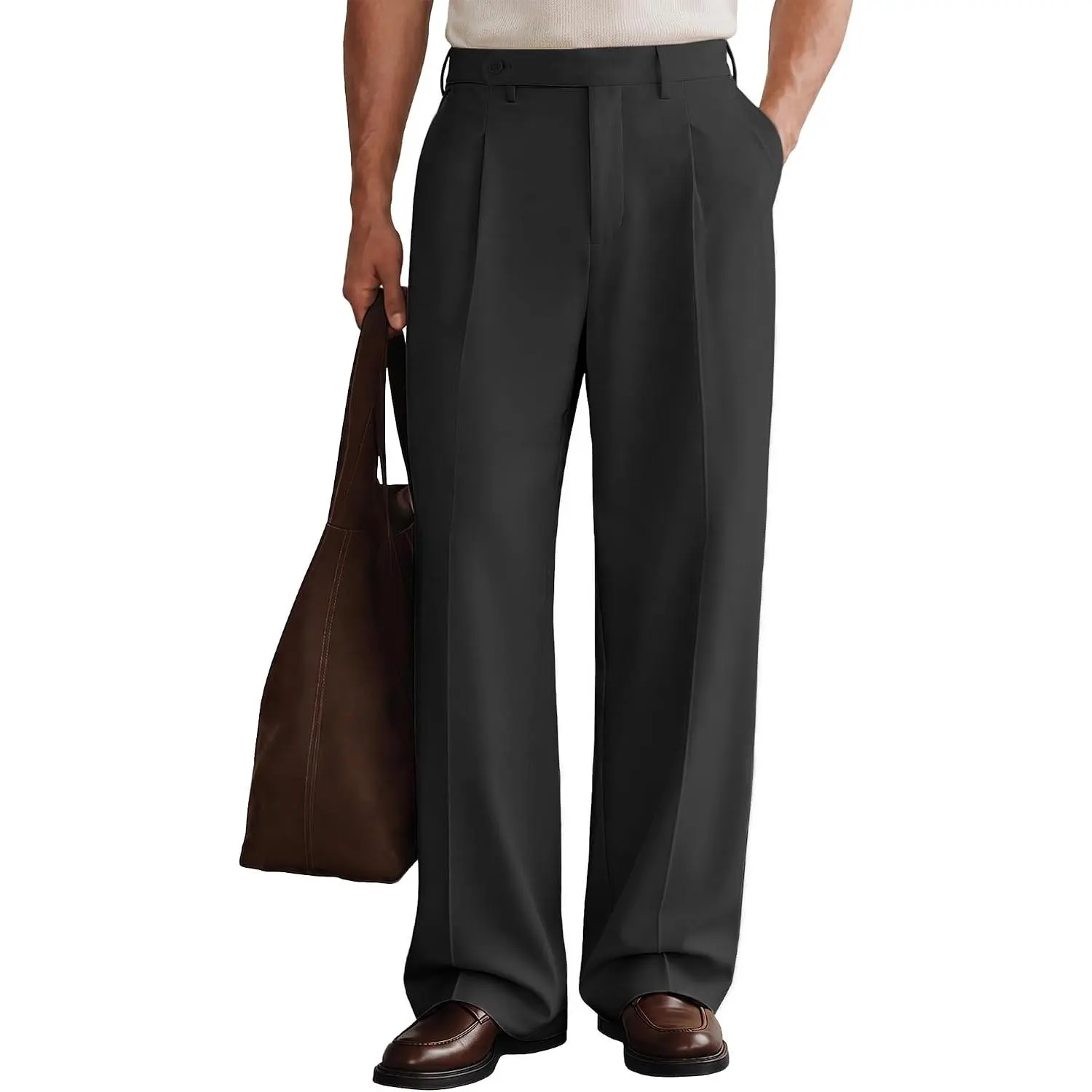 Susclude Men's Dark Grey Classic Full-Length Pleated Old Money Wide Leg Baggy Dress Pants - Soft Premium Fabric Suit Pants with Elastic Waist, Belt Loops, Fall Relaxed Fit Casual Work Slacks