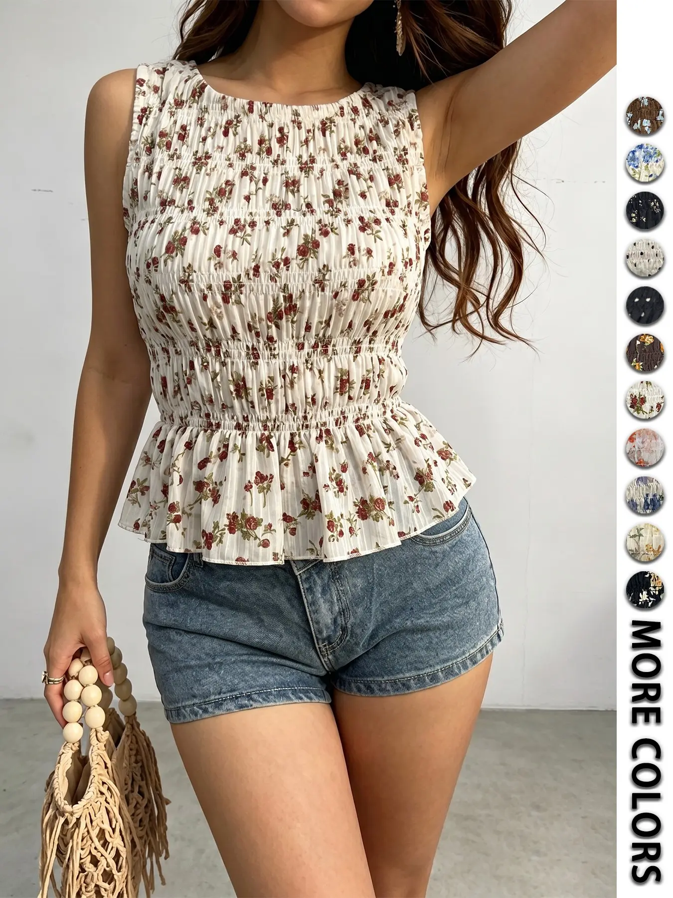 Summer Floral Sleeveless Blouse Peplum, Elegant Fitted Design, All-Over Print, Casual Chic Style, Perfect for Spring & Summer, Versatile Everyday Wear