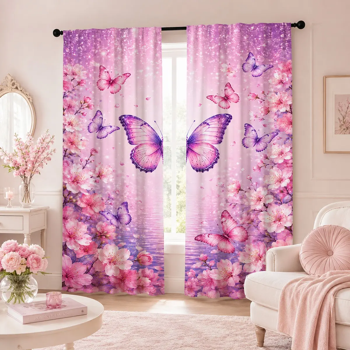 Gradient Cherry Blossom Butterfly Water Wave Curtains Set, 2 Pieces, Dreamy Sakura Butterfly Lake Starlight Print, Bedroom Decor