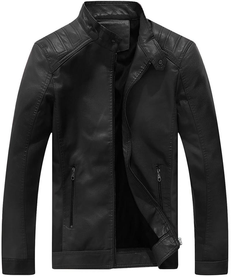 Men's Faux Leather Jacket Vintage with Stand Collar for Motorcycle Biker Riding Bomber Jacket for Men