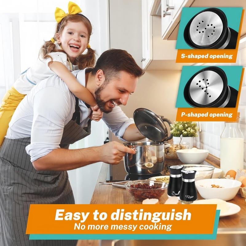 Stainless Steel Salt & Pepper Shaker Set, 2 Counts/set Glass Bottle Salt Container, Cooking Seasoning Utensils for Kitchen, Dining Table, Caravan, Camping, BBQ, Kitchen Gadgets