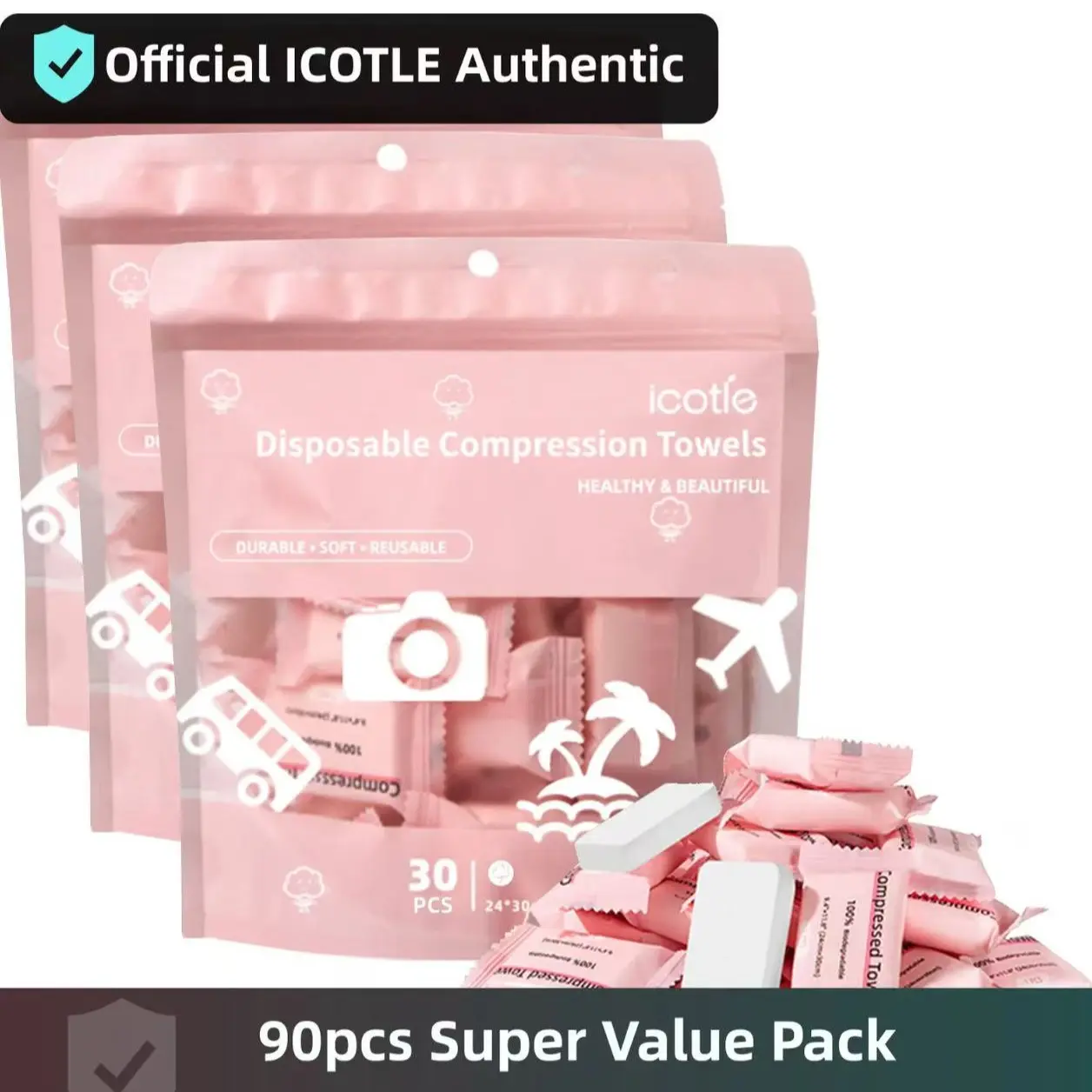 Icotle Compressed Facial Cleansing Wipes, 60 Count Bulk Pack, Disposable Pure Cotton Portable Towel, Travel Face Wash Wipes, 30 Pieces Per Pack, Facial Cleansing Towels