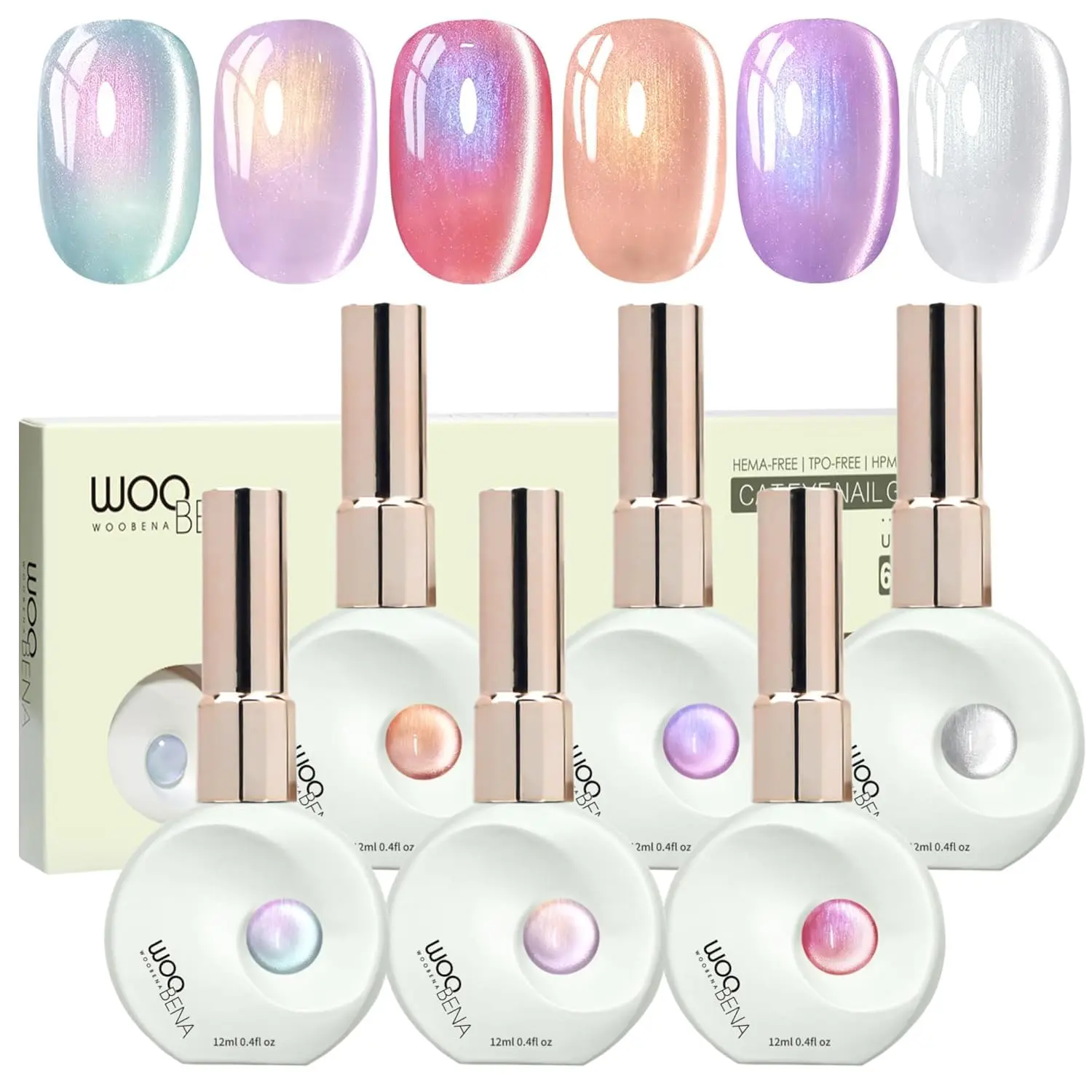 6Pcs Gel Cat Eye Nail Polish Set, 12ml Glass Bottle Magnetic UV Soak-Off Polish with Mermaid Glass Effect, for Home Salon & DIY Nail Art