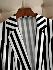 Women's Classic Striped Pattern Suit Jacket, Single Button Notch Lapel, Seven-Fifth Sleeve, Office Commute, Casual Blazer