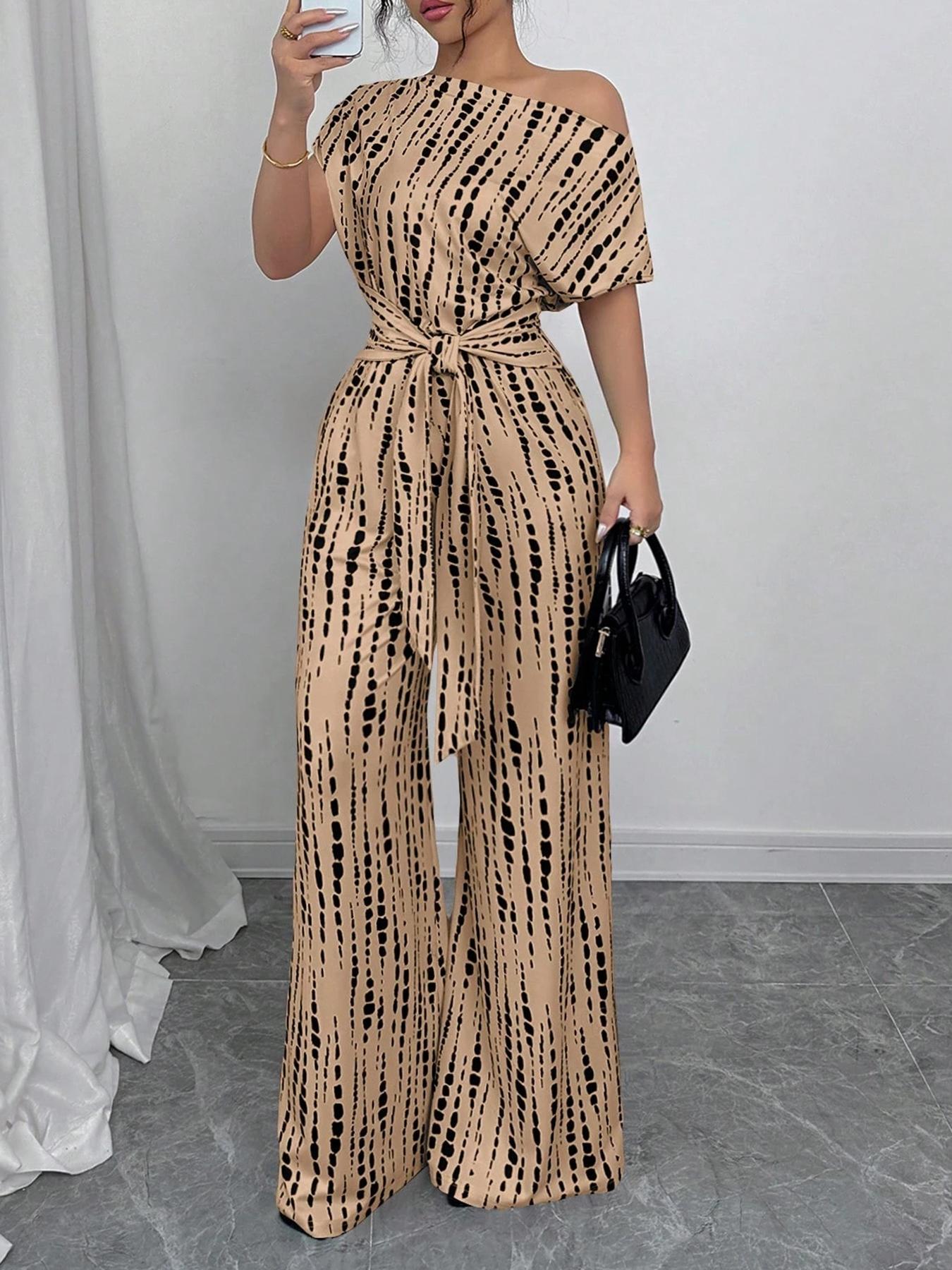 Women's All Over Print Tie Front   Jumpsuit, Casual Asymmetrical Neck   Jumpsuit for Spring & Fall, Women's Clothes for Daily Wear