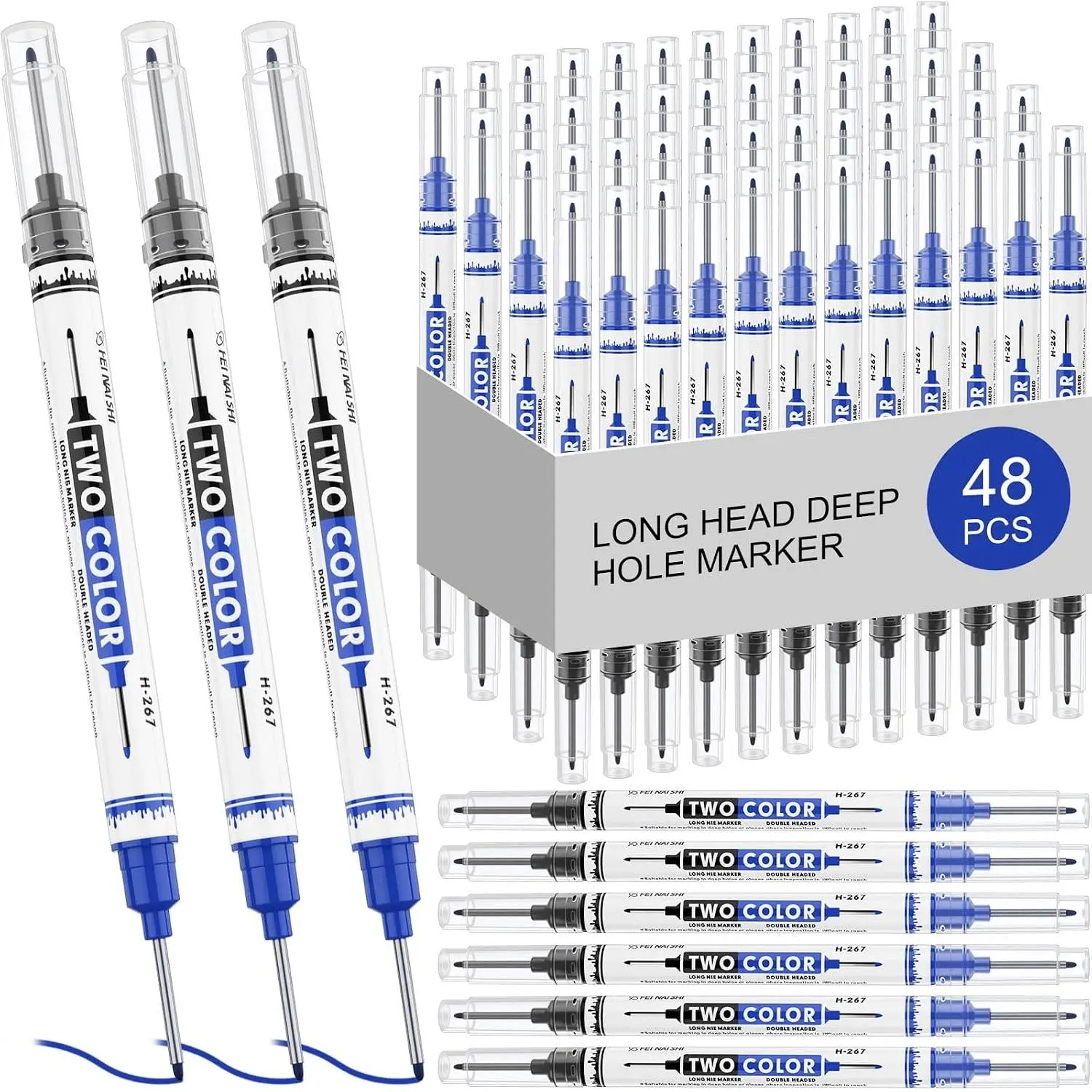 48 count Long  Deep Hole Marker Pens, 20mm Long Nib Marker, Double-ended Deep Hole Markers Bulk  Construction Markers for Carpenter Woodworking Office(Black and Blue)