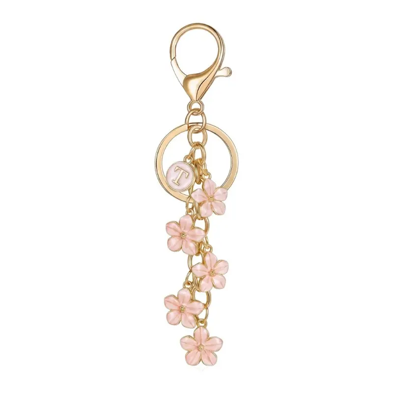 Sweet Lovely Handmade Alloy Keychain Decorated With Cherry Blossom And Initial Charms, All A-Z Alphabet Letters Optional, Portable Bag Pendant Accessory, Delicate Keepsake Perfect For Wedding Guest Gifts, Birthday Surprises And Travel Commemoration