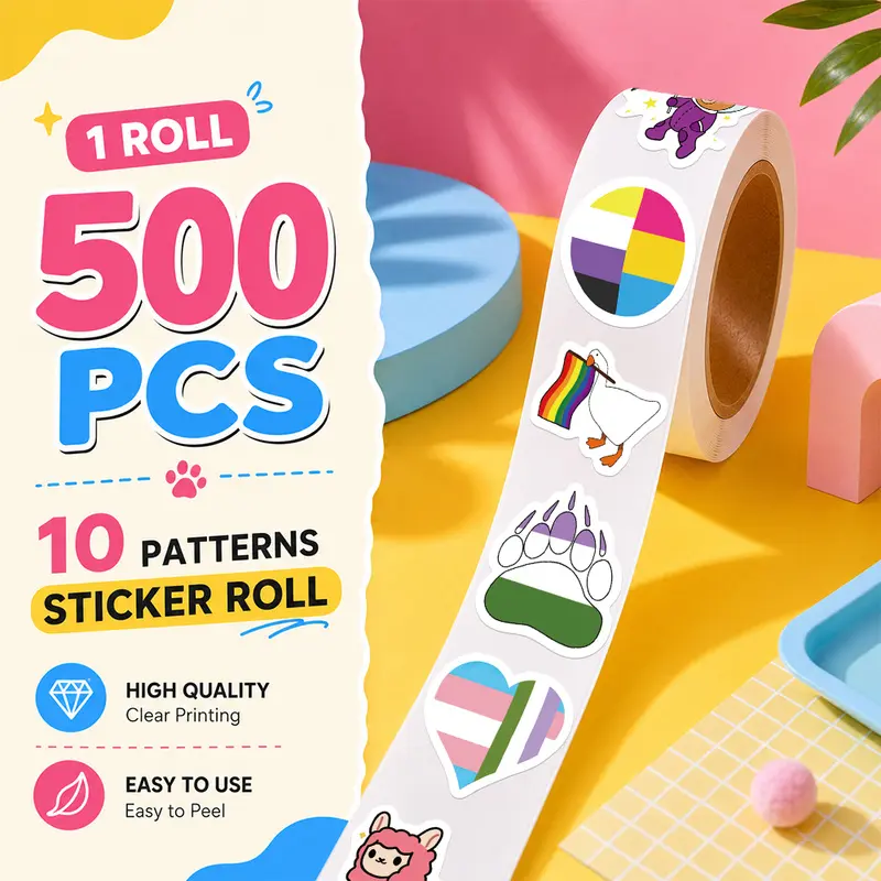 500PCS/Roll Mixed Gay Sticker Roll, 10 Designs Aesthetic Decorative Sticker Tape, Self Adhesive Journaling Stickers for Notebook, Laptop, Phone Case and Daily Decoration