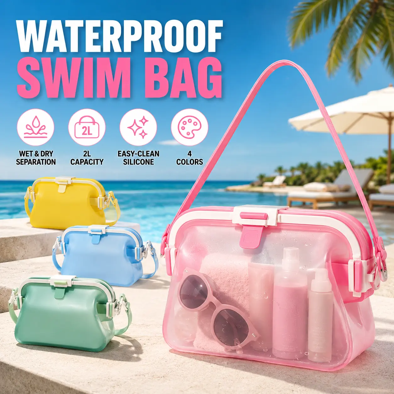 Waterproof Silicone Swim Bag with Dry & Wet Separation. Mildew-resistant antibacterial shoulder toiletry bag, foldable portable storage pack. Durable beach handbag perfect for swimming, travel and outdoor activities.