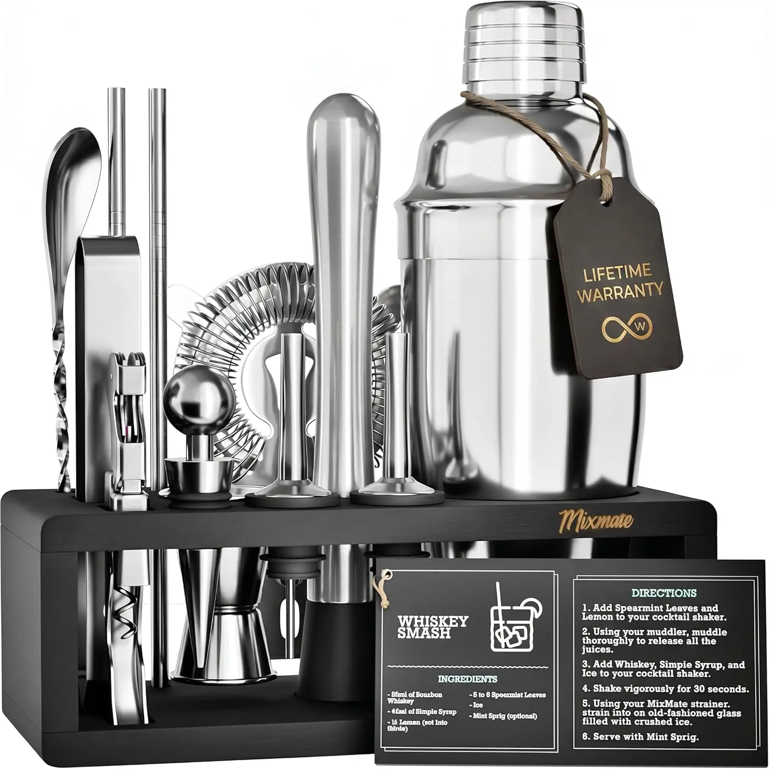 Mixology Bartender Kit with Stand - 15 Piece Bar Tool Set, Silver Bar Set Cocktail Shaker Set for Drink Mixing - Includes Martini Shaker, Jigger, Strainer, Bar Mixer Spoon, Tongs, Opener |   Gift Idea