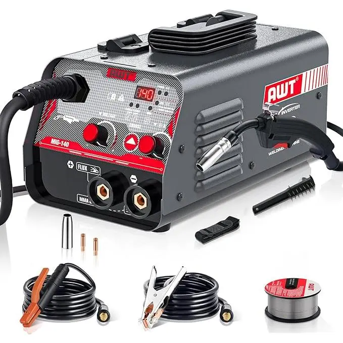 AWT MIG‑140 2 in 1 Welding Machine, 110V Flux‑Cored MIG/MMA Stick Welder, Portable Digital Display Inverter Welder Complete Accessory Kit for Home DIY Small Repair Welding Projects