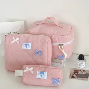Cute Bow Decor Makeup Bag Set, 3 Counts/set Large Capacity Travel Toiletry Bag, Portable Cosmetic Storage Bag, Stationery Bag for Travel & School
