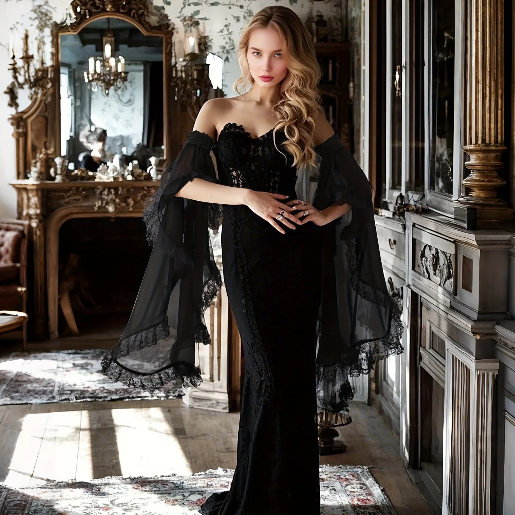 Women'S Halloween Cosplay Costume, Long Tulle Sleeves Gothic Chiffon Sleeves Cuffs Detachable Flared Sleeves Pageant Gloves for Wedding Party Witch Costume