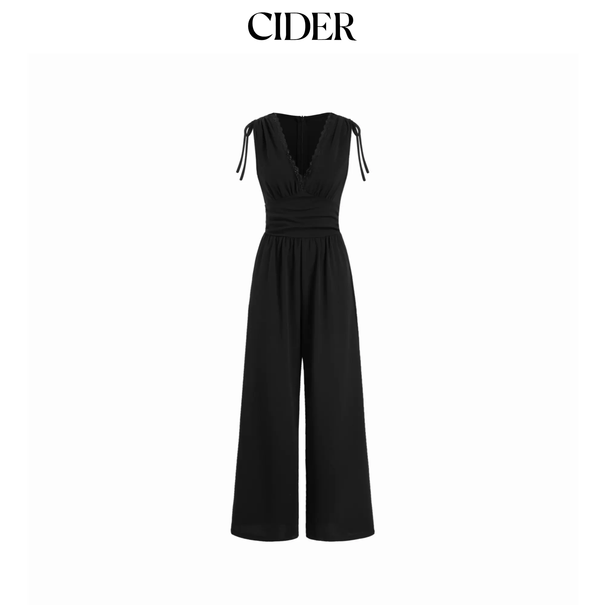 Cider V-neck Lace Trim Ruched Bowknot Mid Rise Wide Leg Jumpsuit