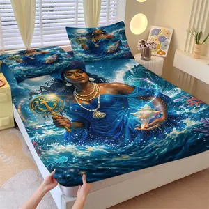 Yoruba Sea God Yemaya Theme Fitted Sheet Set-1 Bed Sheet & 2 Coreless Pillowcases-Soft Non-Slip Wrinkle-Resistant Mattress Protector-Vintage Oil Painting Bedroom Decor Gift for Folklore Culture Enthusiasts