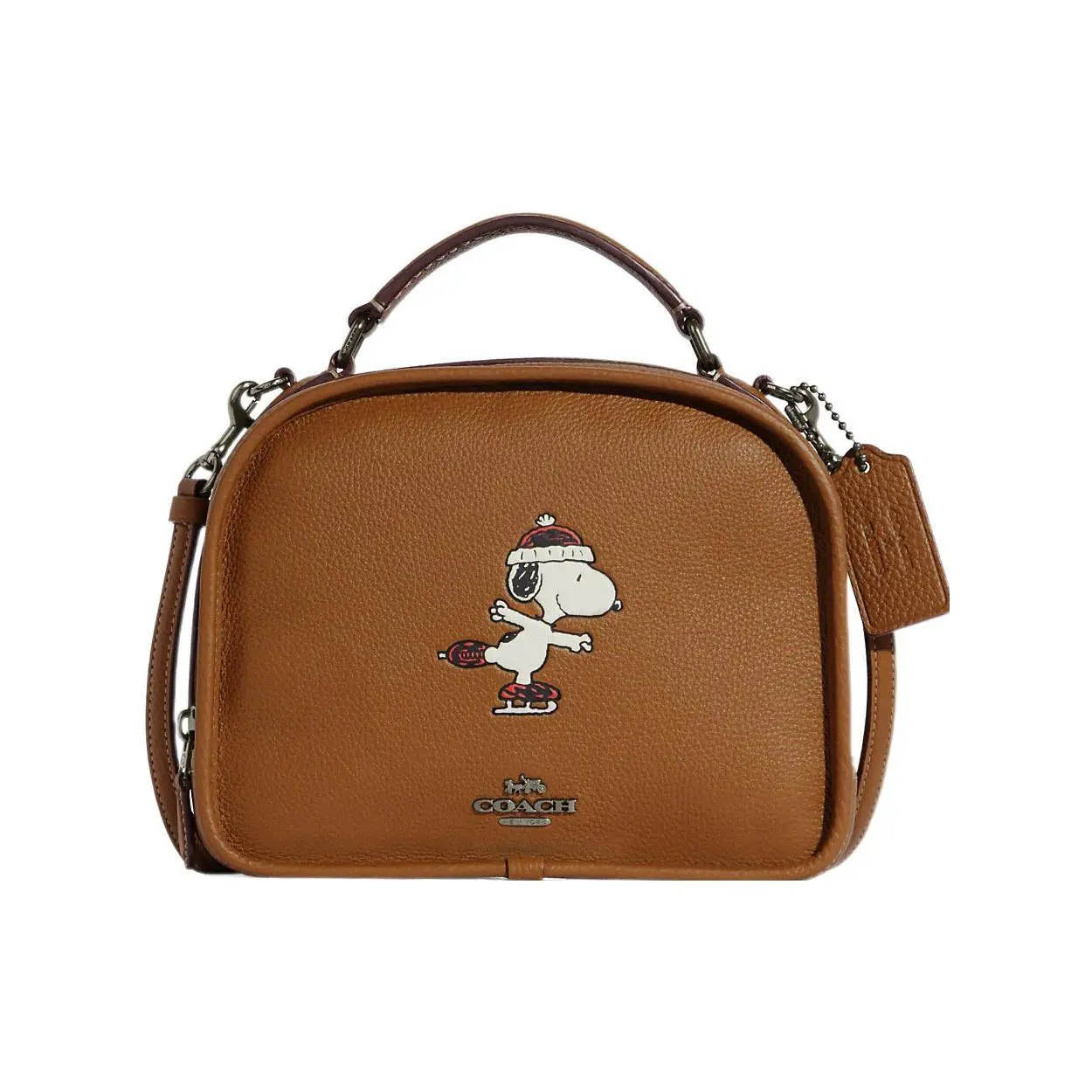 Coach x Peanuts Snoopy Lunch Pail Handbag for Women, Pebbled Leather, Brown, Zip Closure with Snoopy Print
