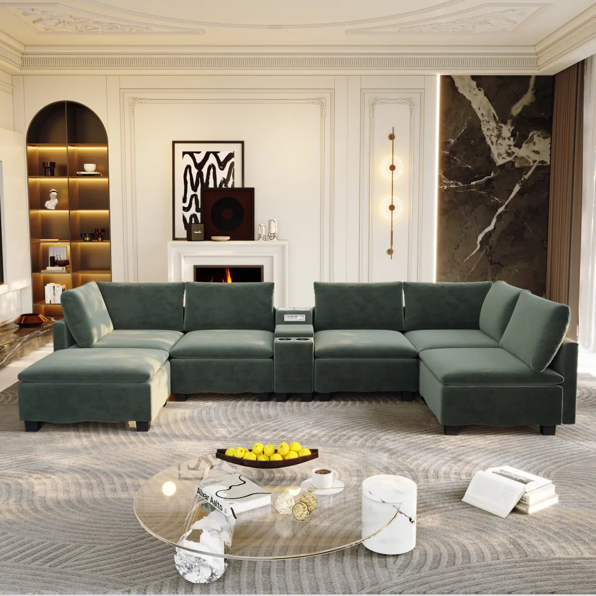 Sturdy 121.2" Wide Modular U/L-Shaped Cloud Sectional Couch - Chenille Plush Multi-Section Sofa with Movable Ottoman, Convertible Sofa Bed, Hidden Storage, USB Ports, Cup Holders, Bluetooth Speaker, Clean with Soft Brush for Living Room, Convertab