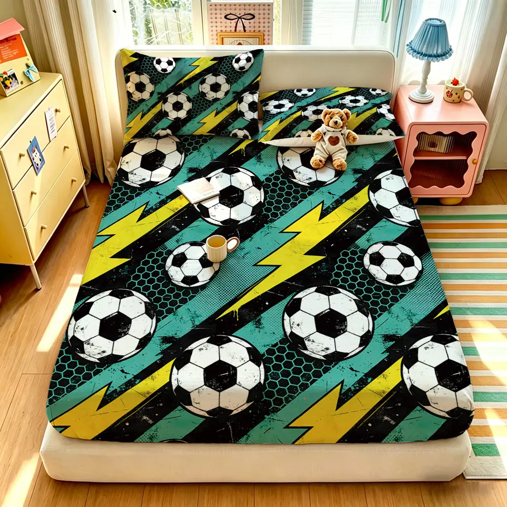 A 3-piece football lightning pattern-printed bedding set, including one bedspread and two pillowcases, without a filling. The bedspread is soft and comfortable, with a deep pocket design, making it a perfect gift choice