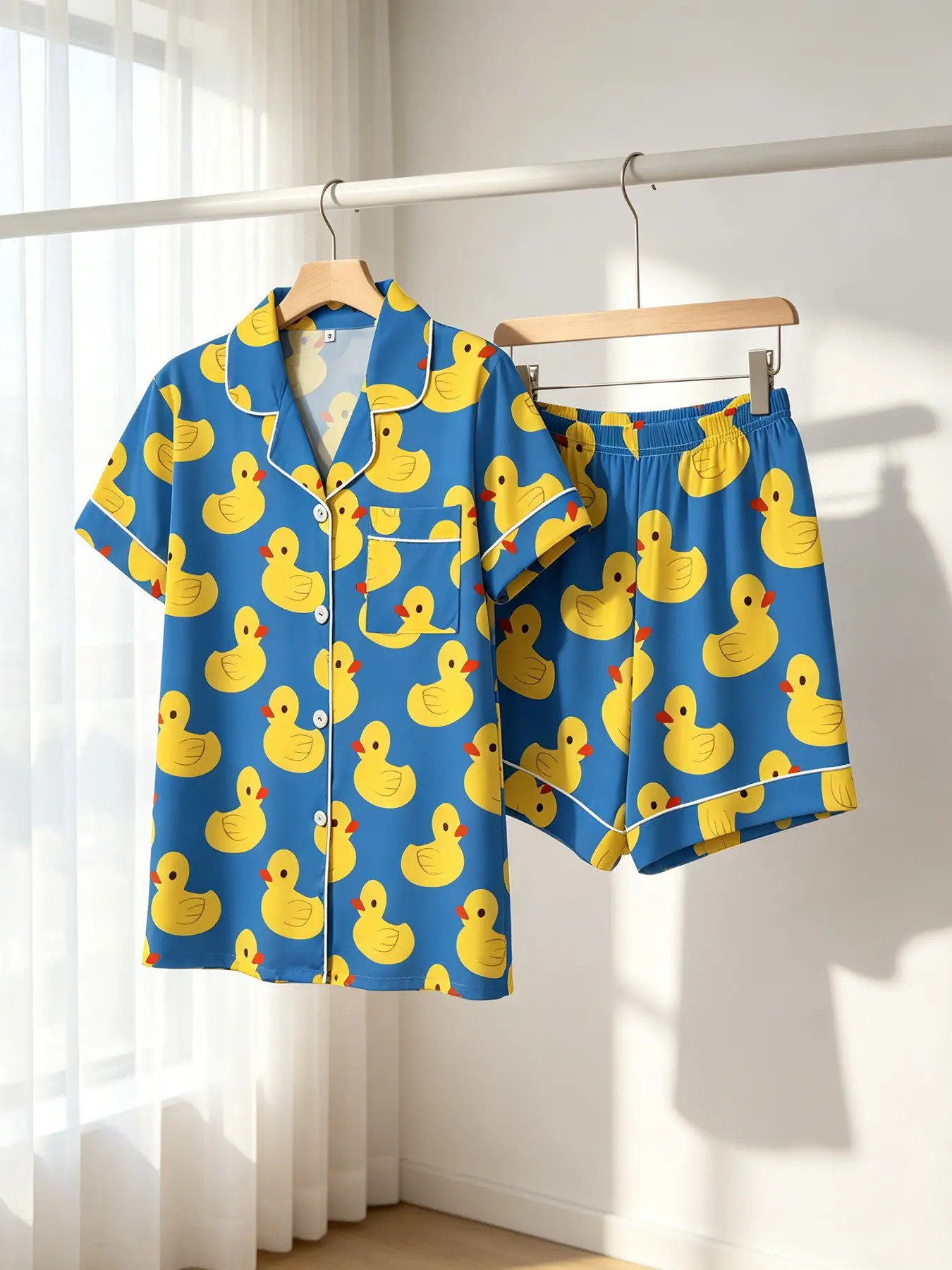Women's Button-Down Short Sleeve Top & Shorts Collared Pajama Set, Blue Cute Yellow Duck Print, White Piping, Bow Detail, Spring Summer Wear, Loose Slim Fit, Sweet Girly Loungewear Pjs