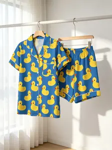 Women's Button-Down Short Sleeve Top & Shorts Pajama Set, Blue Cute Yellow Duck Print, White Piping, Bow Detail, Spring Summer Wear, Loose Slim Fit, Sweet Girly Loungewear