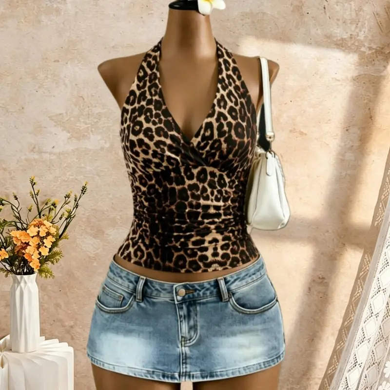 European and American Leopard Print Tank Top, Casual Fitted Sleeveless Vest, Plain Surface Unlined Design, Ideal for Spring Summer Autumn, Leopard Print Tops