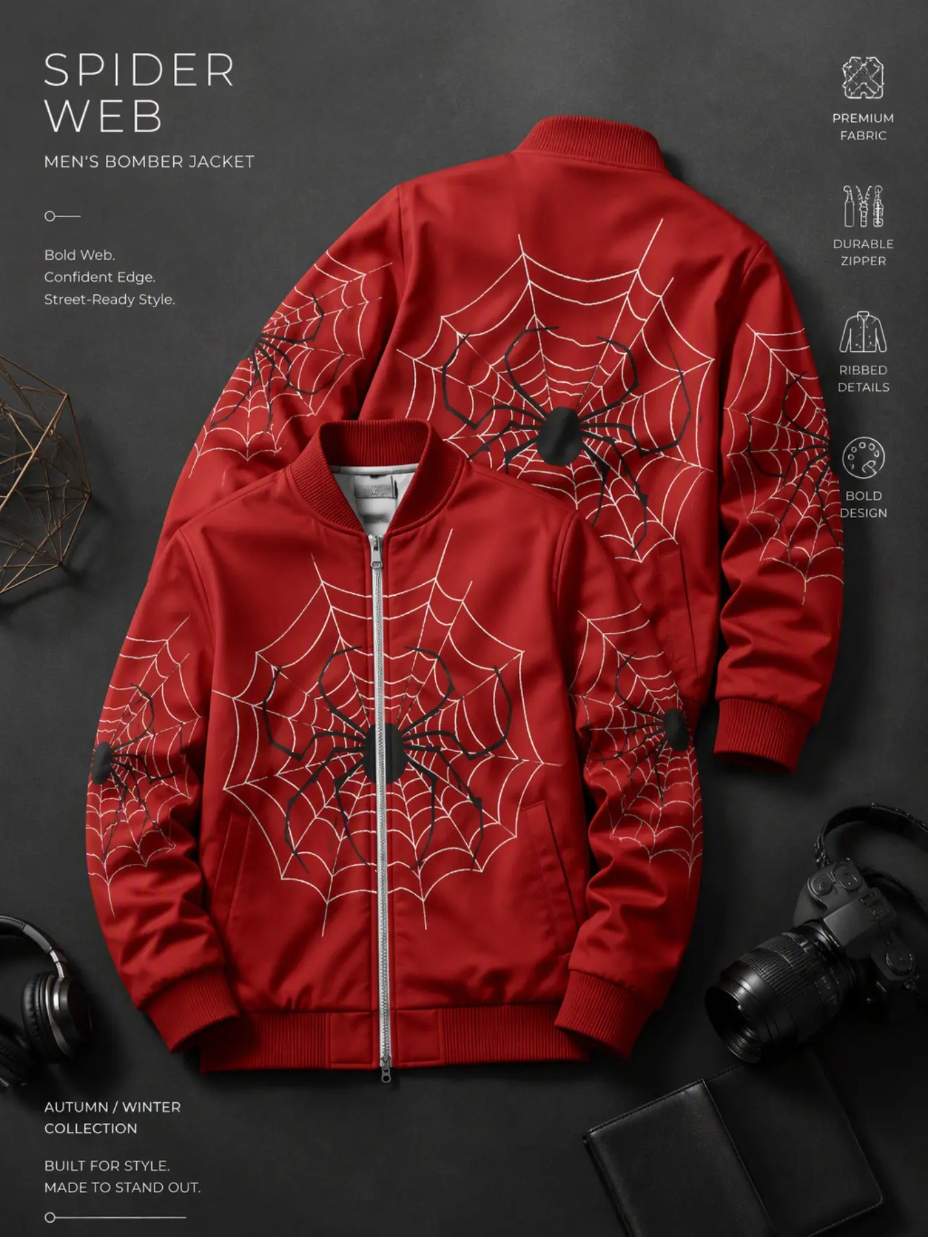 Men's Spider Web Pattern Full Zip Bomber Jacket, Vintage Spider Web Spider Print Baseball Collar Windproof Jacket, Gothic Streetwear Fall Winter Coat