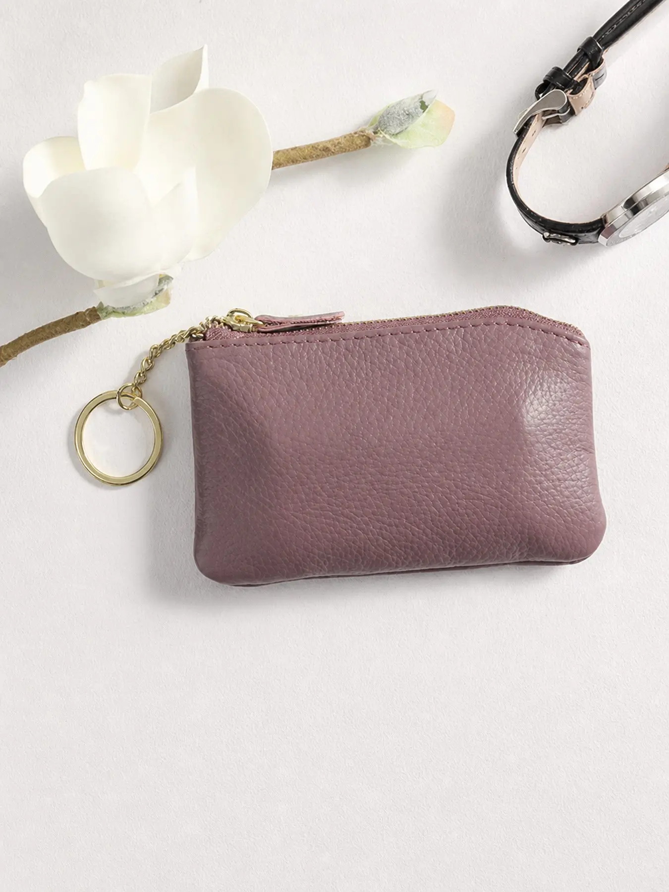 Women's Genuine Leather Mini Coin Purse, Dual Zipper Keychain, Multi-Layered Card Holder, Compact Wallet for Coins and Cards, Double Zipper Purse