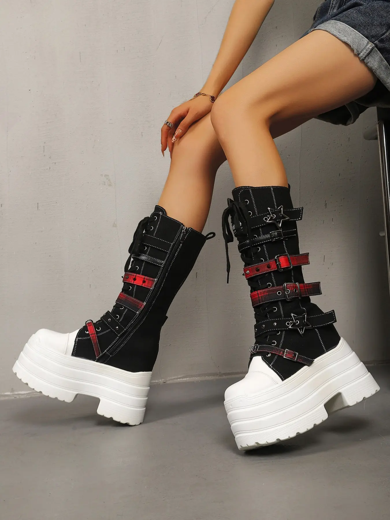 Women's Knee-High Boots, Thick Sole, Chunky Boots, Side Zipper, Star Metal Buckle, Plaid, Punk Style, Fall Winter, Streetwear, Music Festival