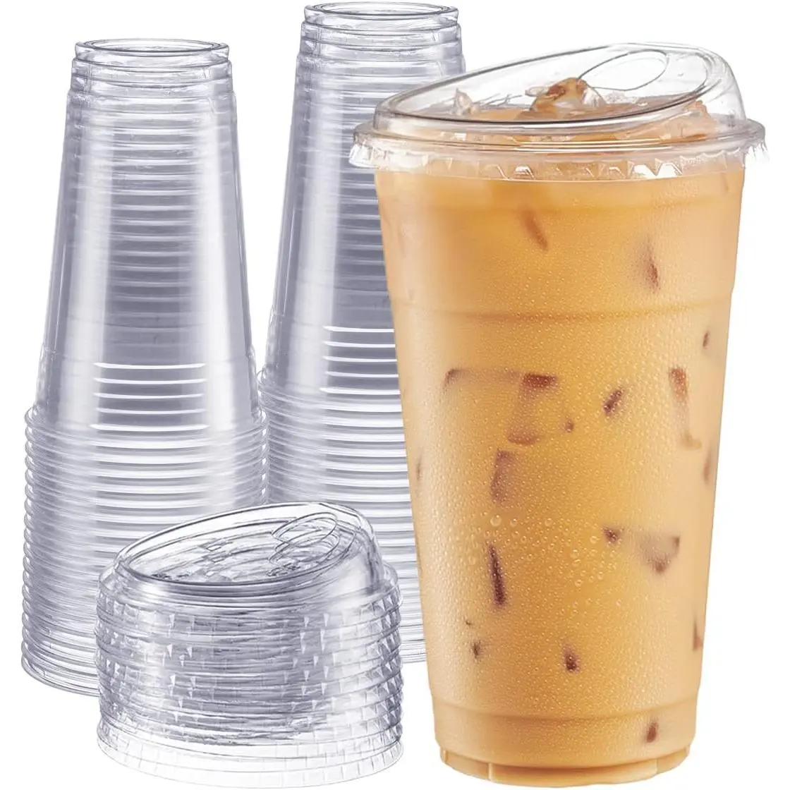 Clear Plastic Cups with Lids [24 oz - 100 Count - Disposable Iced Coffee Drink Cups with Strawless Sip Lids for Smoothies, Juices, and More - (Formerly Comfy Package)