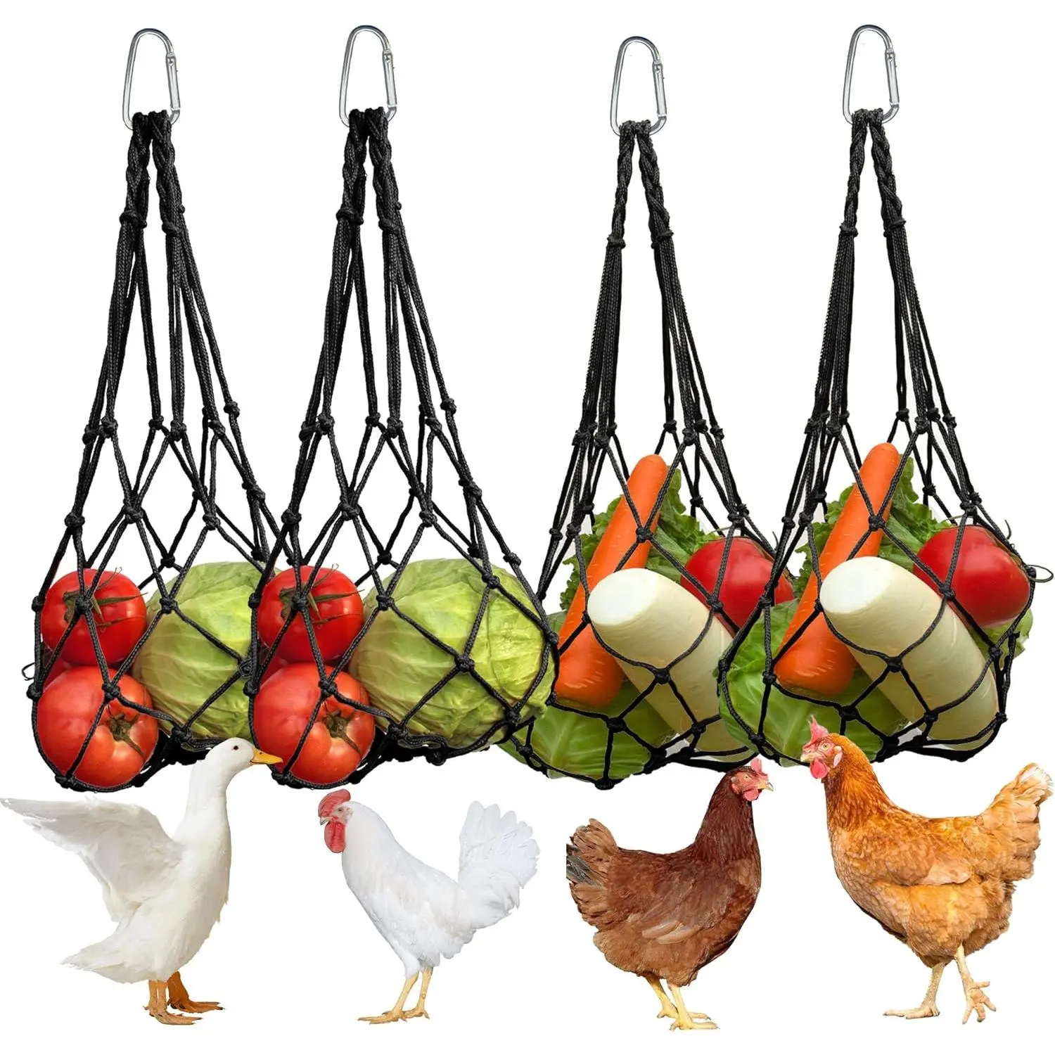 4 Pack Hanging String Bag Chicken Veggie Fruit Feeder with Hanging Hook, Holds Greens, Vegetables and Fruits for Chickens