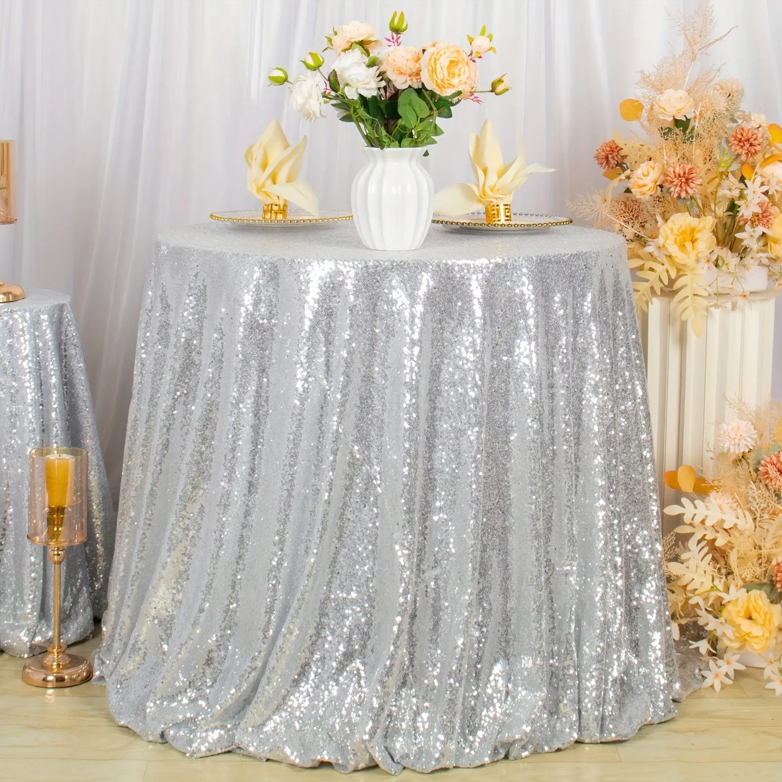 Sequin Tablecloth silvery 120Inch Round Tablecloth Wholesale Tablecloth Party Decoration Wedding Tablecloth Party Table Covers 6Ft Table Round Tablecloth Glitter Cocktail Tablecloth Birthday Tablecloth 18 Colors Available