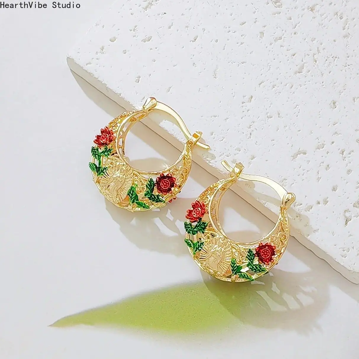 Women's Vintage Hoop Earrings - Gold-Plated Filigree, Enamel Roses, Synthetic Gold Virgin Mary Guadalupe Huggie Dangle Jewelry, Mexican Religious Gift, Filigree Dangle