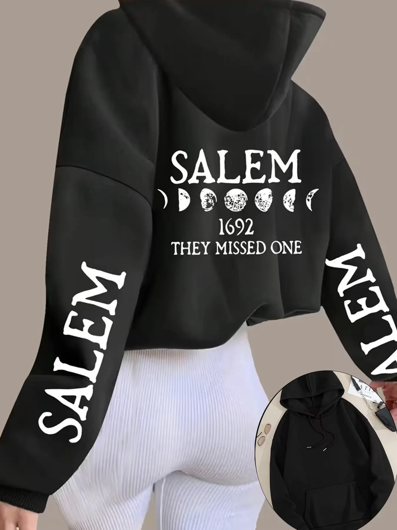 Women Retro Witch Halloween Crop Hoodie Soft Cotton Blend Solid Black Salem 1692 Moon Phase Slogan Back & Double Sleeve White Letter Print Drawstring Pocket Oversized Cropped Hooded Pullover For Street Festival Daily 2026 Trendy #salemmoonphasecrophoodie
