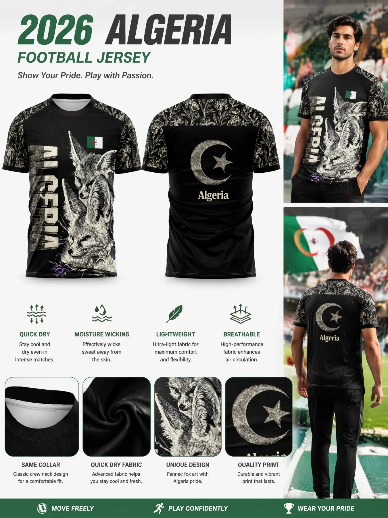 2026 Algeria Flower Short Sleeve Sport Jersey, Durable Stitching, Ideal for Football Matches, Training, and Casual Wear