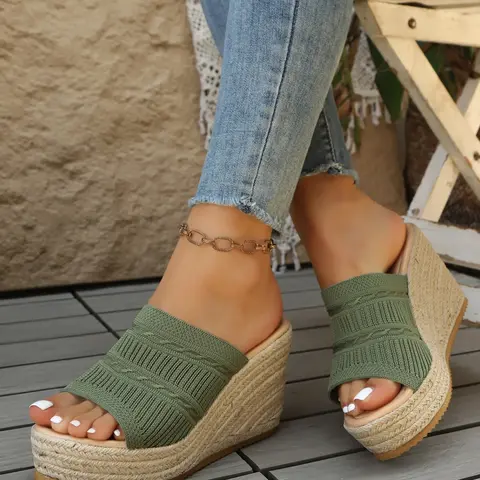 Women's Knitted Straw Wedge Elevated Sandals, Fashionable Breathable Sandals, Non-Slip Thick Rubber Sole, Versatile Beach & Outdoor Shoes, Comfortable Breathable Summer Footwear