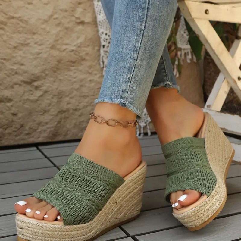 Women's Knitted Straw Wedge Elevated Sandals, Fashionable Breathable Sandals, Non-Slip Thick Rubber Sole, Versatile Beach & Outdoor Shoes, Comfortable Breathable Summer Footwear