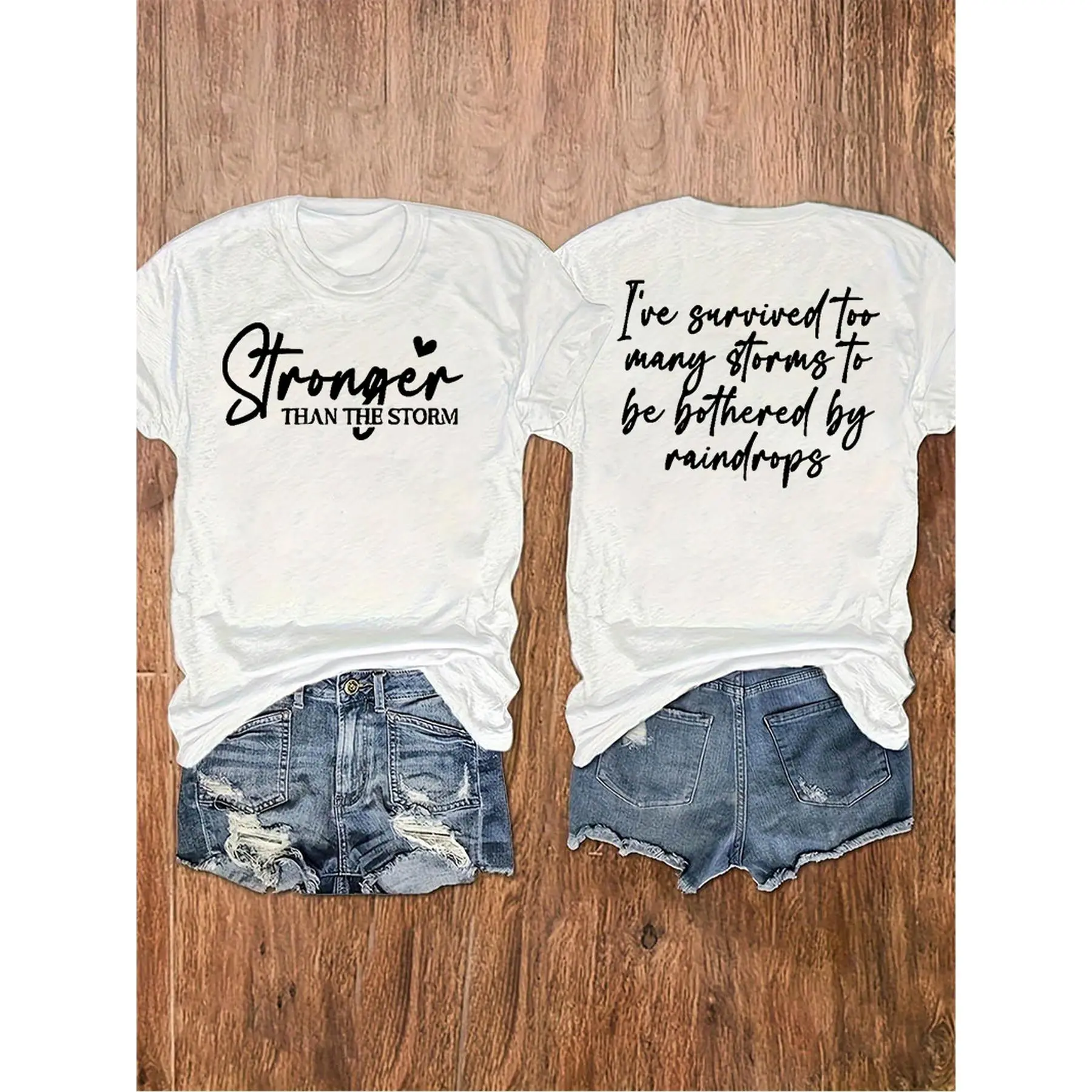 Women's Short-Sleeve Cotton Fabric Crew Neck T-Shirt - "Stronger Than The Storm" Inspirational Graphic Tee, Casual Summer Fit Soft Lightweight Top, Knit, Round Neck