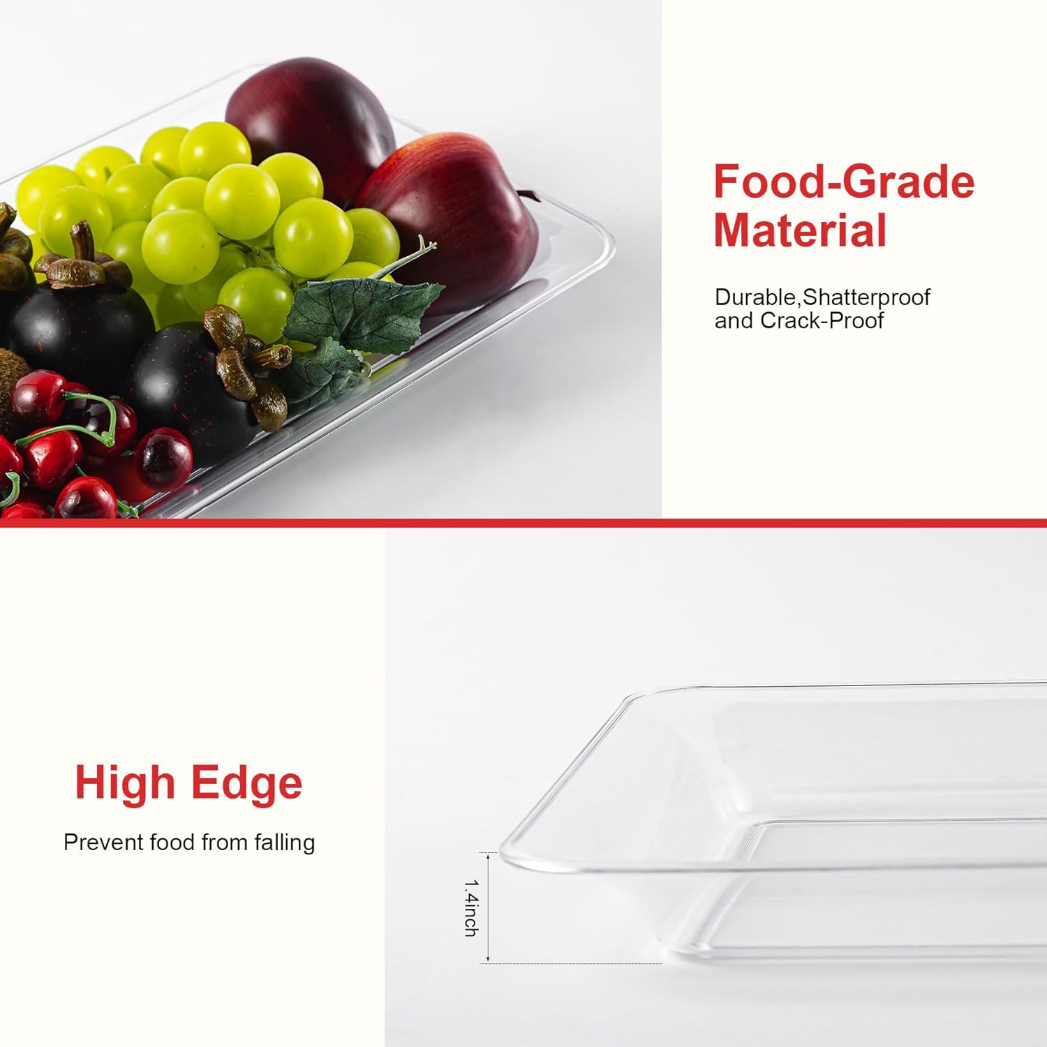 6-Pack 14" x 9" Clear Large Plastic Serving Trays,  Serving Platters for Dessert, Fruit, Snacks, Cookies, Heavy Duty  Serving Tray for Kitchen, Party